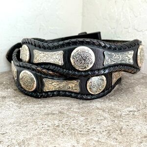 Tony Lama Black Leather Conches Silver Tone Men’s Belt 38